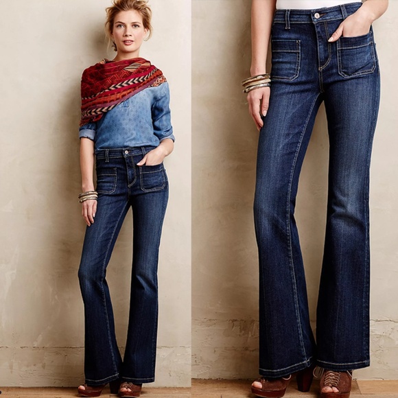 Anthro. Pilcro High-rise Superscript Flare Jeans in Dark Wash - Picture 2 of 11